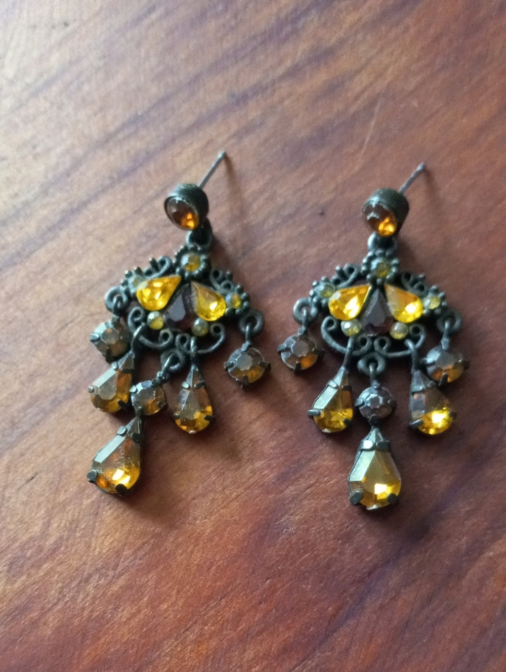 Vintage Bronze Filigree Amber Topaz Rhinestone Chandelier Earrings